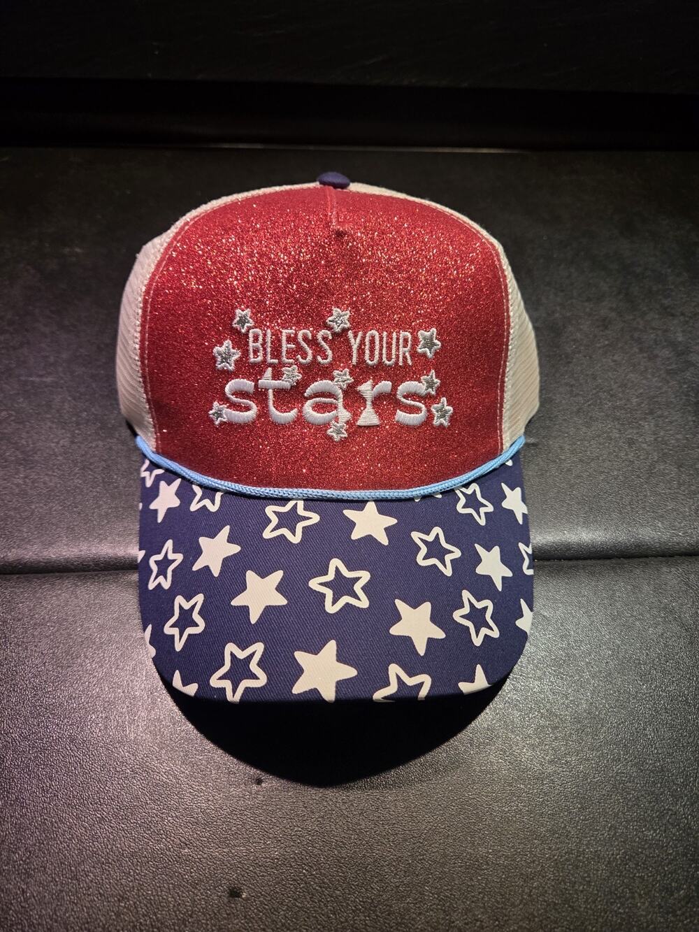 BLESS YOUR STARS Women’s USA Patriot Glitter Trucker Hat America Red White Blue